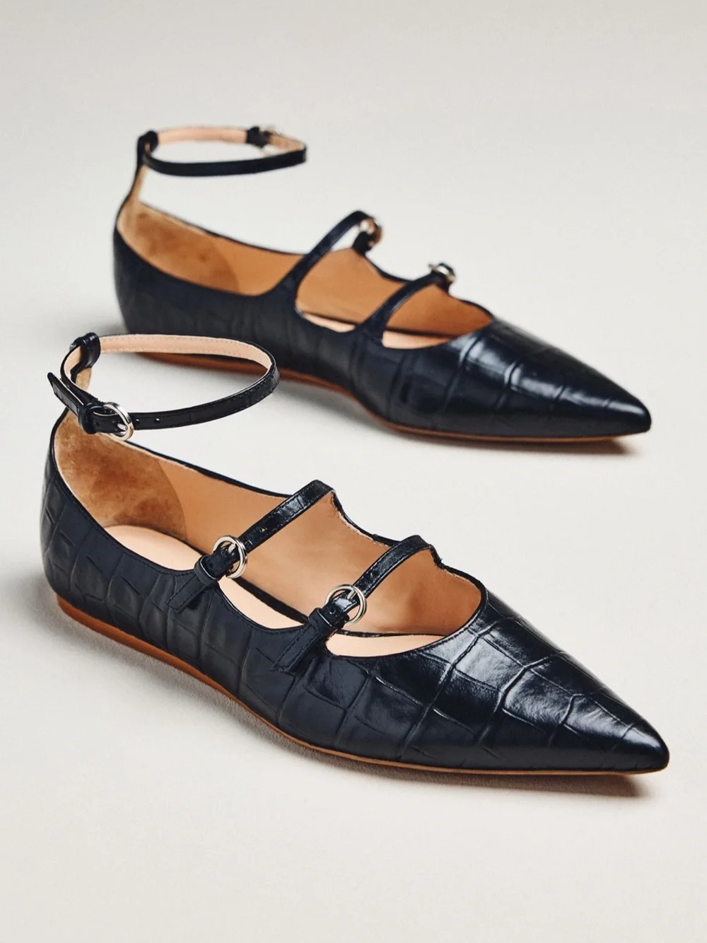Anthropologie Black Croc-Embossed Pointed T-Strap Flats - Picture 2 of 6